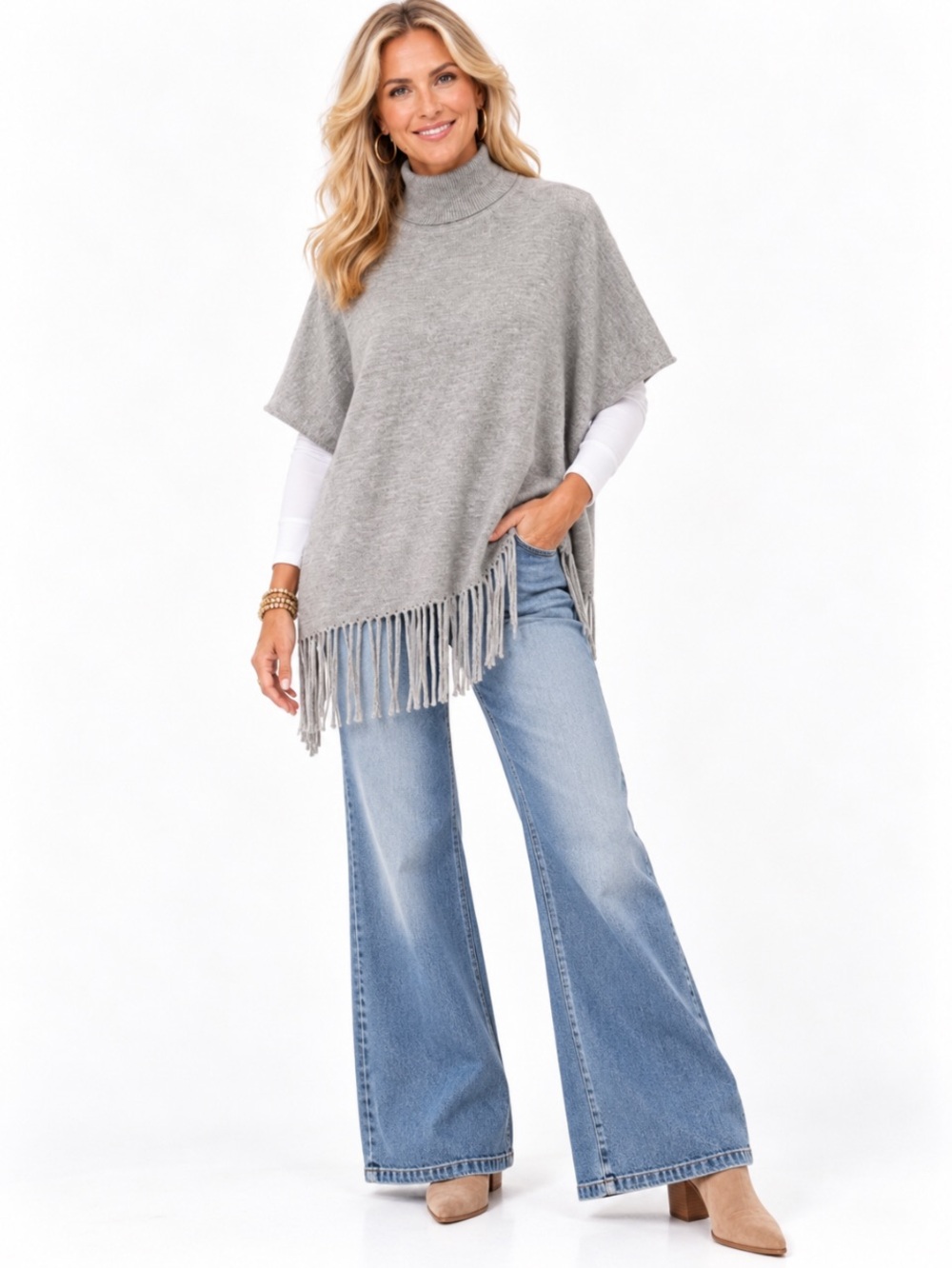 JOY JOY Gray Turtleneck Fringe Poncho Sweater Size: M/L